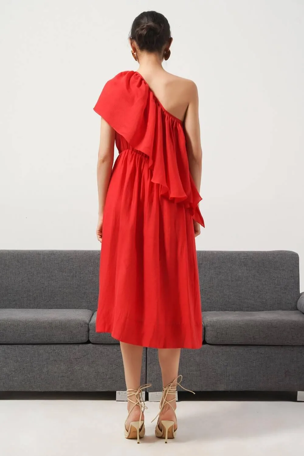 Bailey A-line One Shoulder Silk Midi Dress