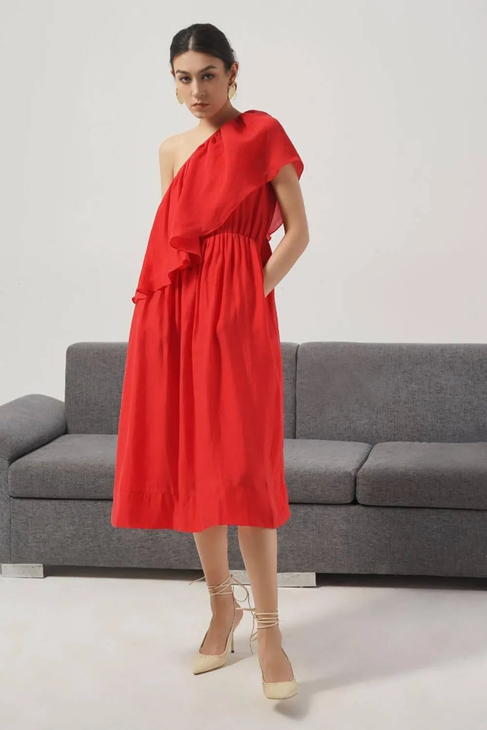 Bailey A-line One Shoulder Silk Midi Dress