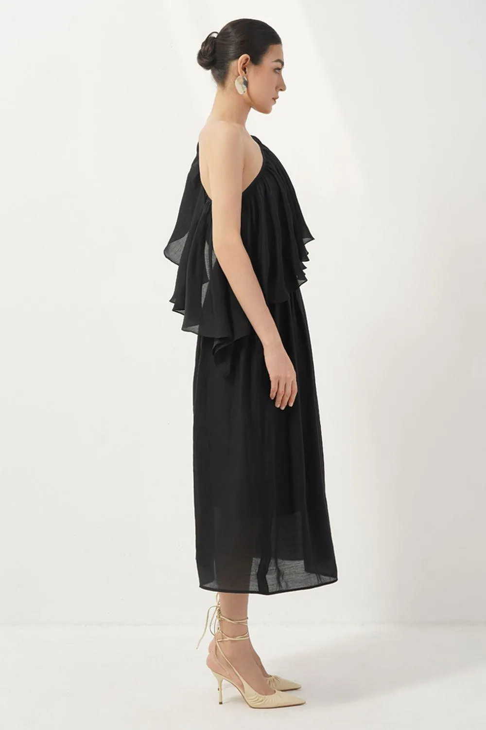 Bailey A-line One Shoulder Silk Midi Dress