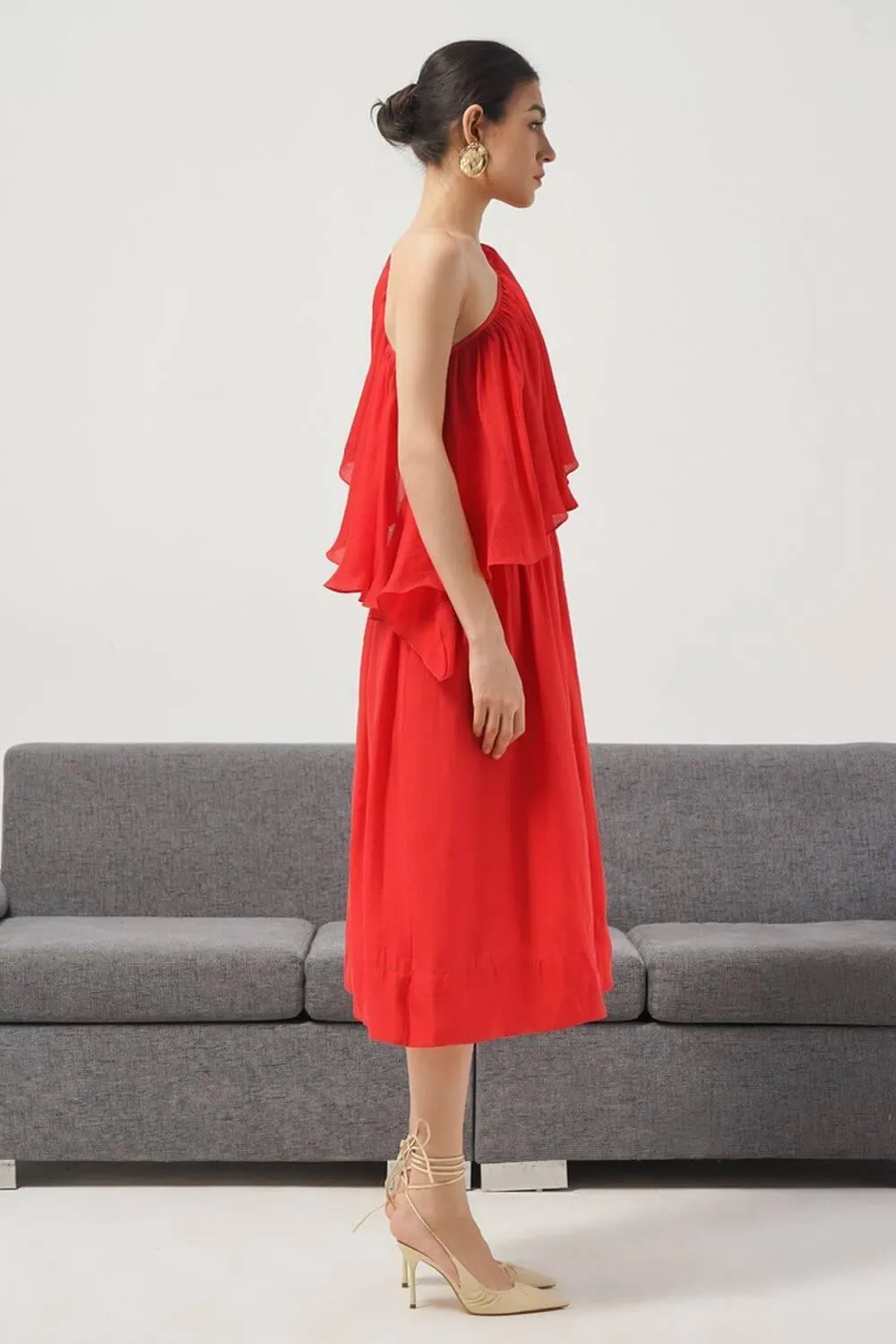 Bailey A-line One Shoulder Silk Midi Dress