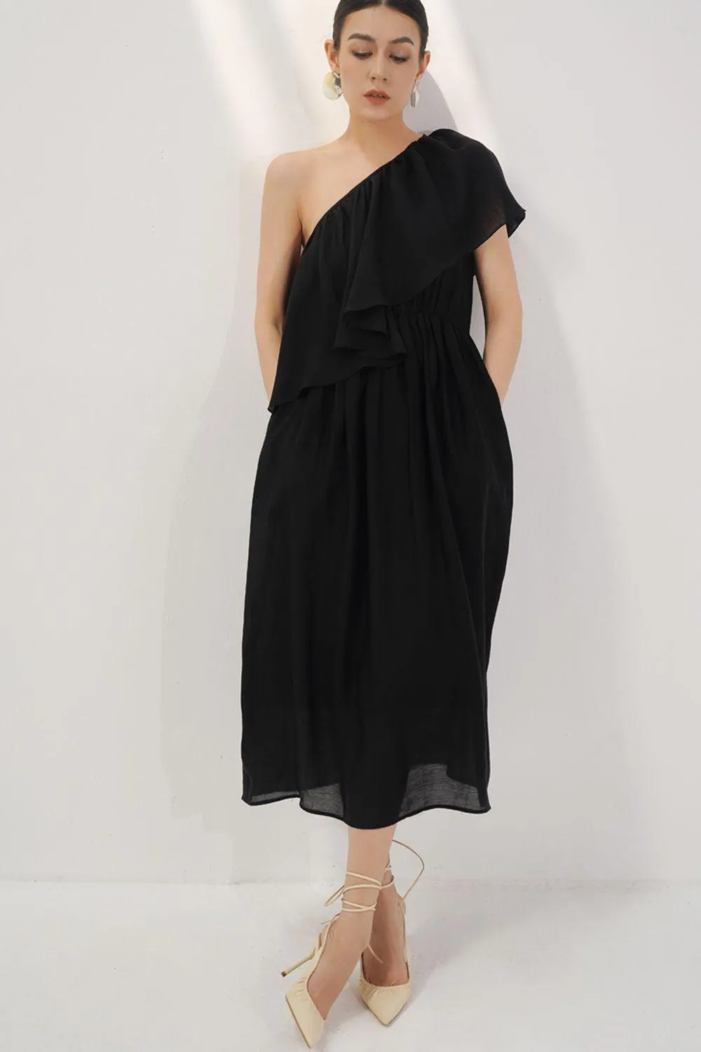 Bailey A-line One Shoulder Silk Midi Dress