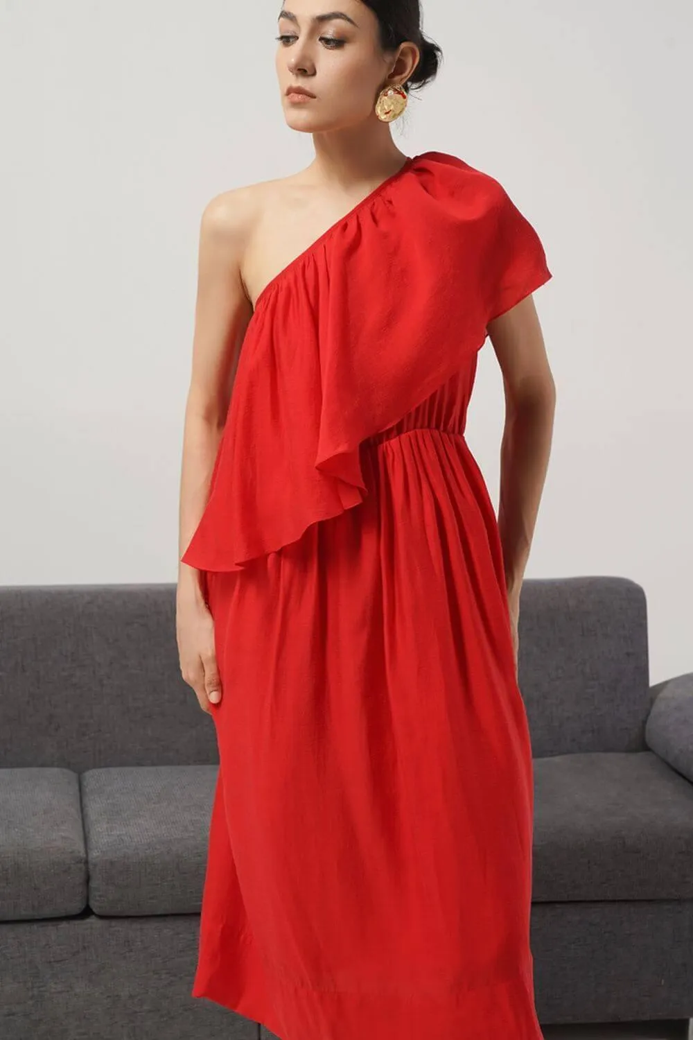 Bailey A-line One Shoulder Silk Midi Dress