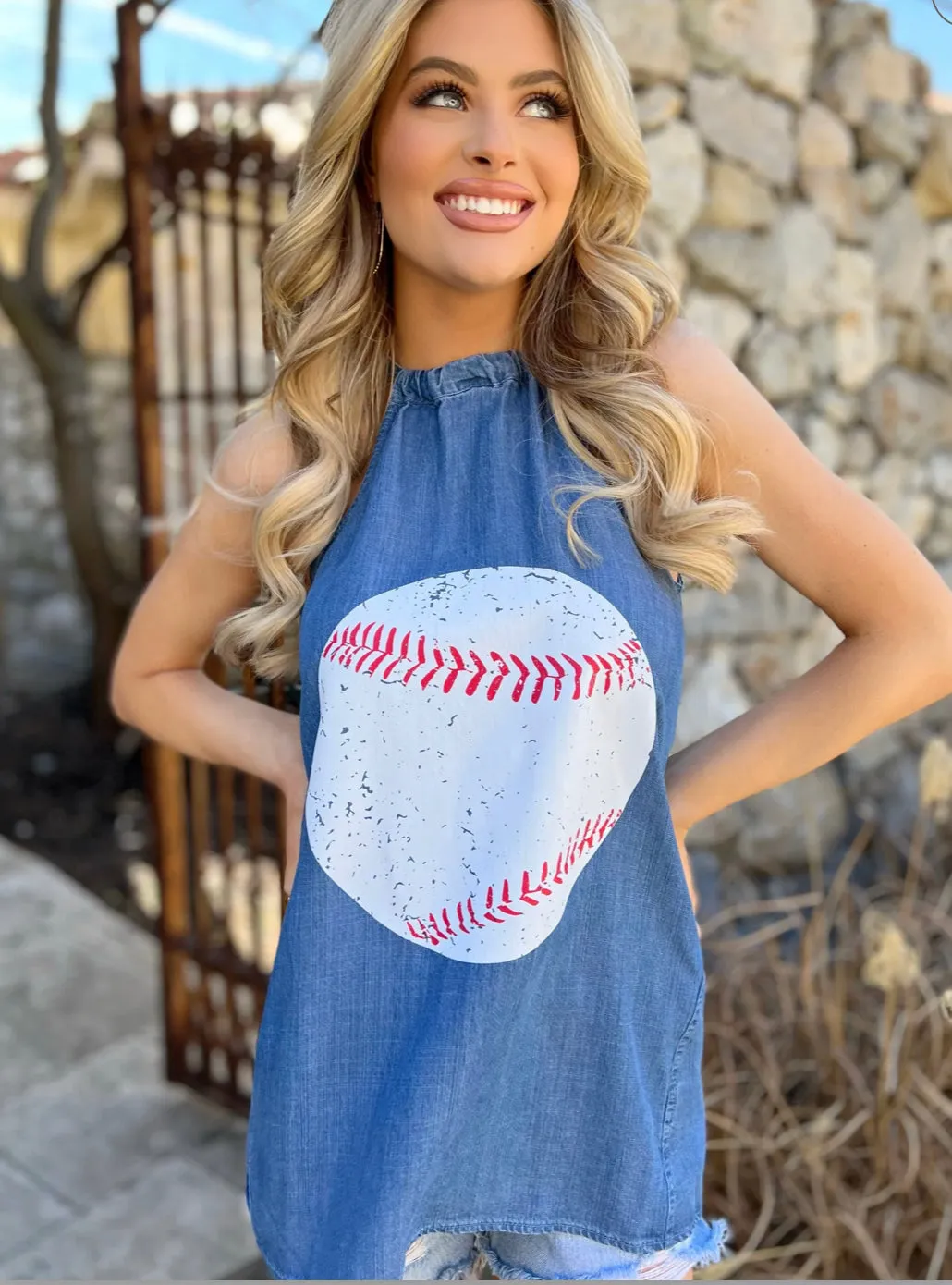 Baseball Chambray Denim Halter Tops