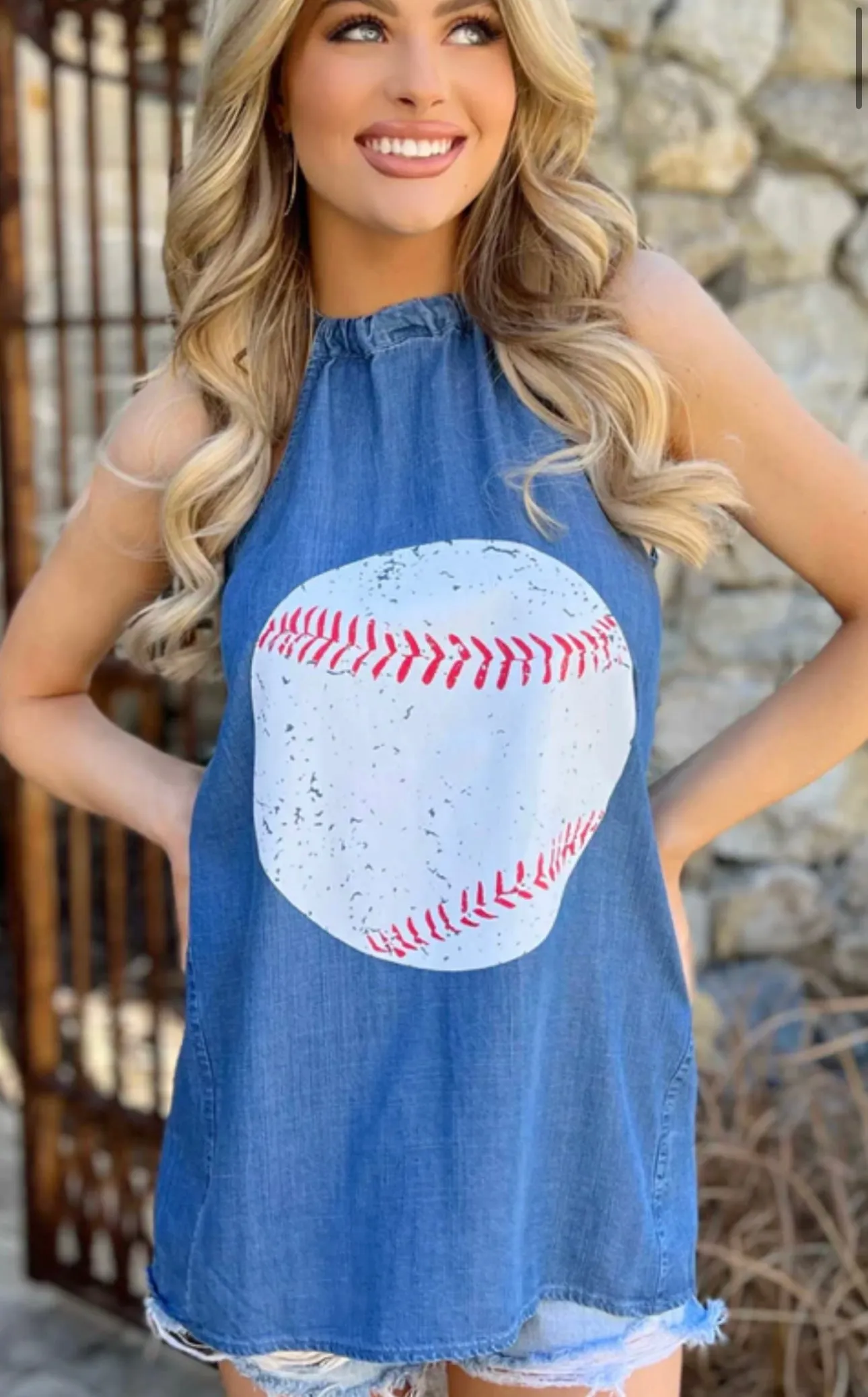 Baseball Chambray Denim Halter Tops