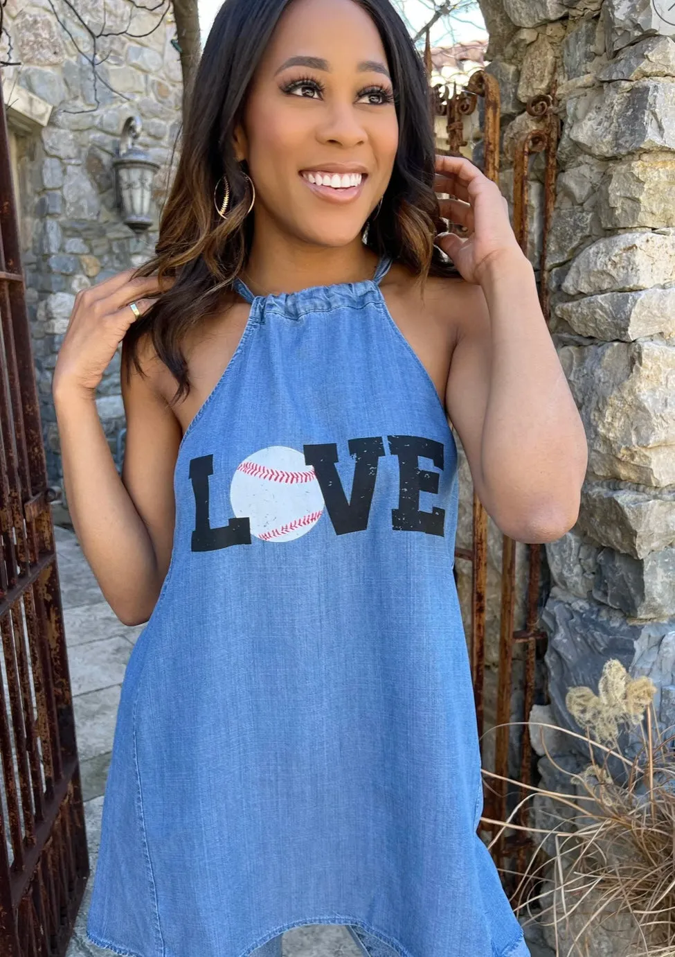 Baseball Chambray Denim Halter Tops