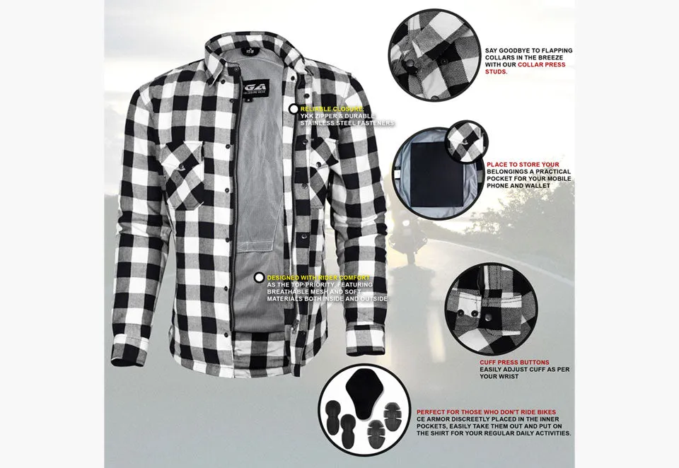 BGA Exo Protective Motorcycle Flannel Shirts White/Black