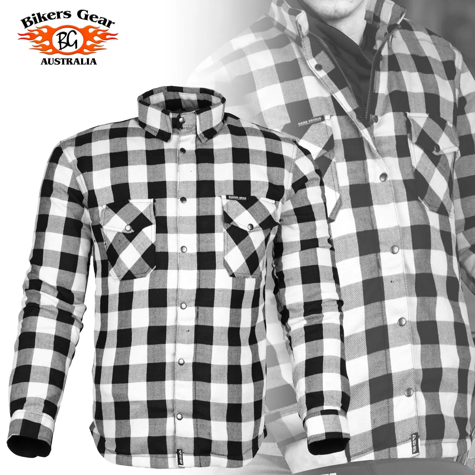 BGA Exo Protective Motorcycle Flannel Shirts White/Black