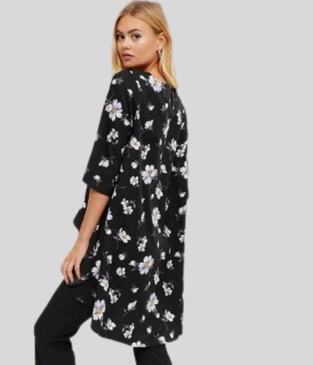 Black Floral Dipped Hem Top