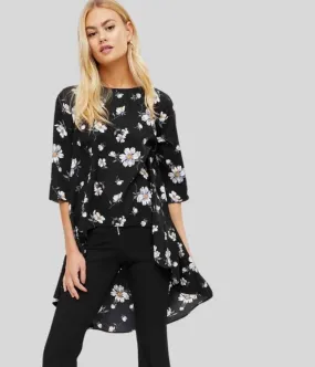 Black Floral Dipped Hem Top