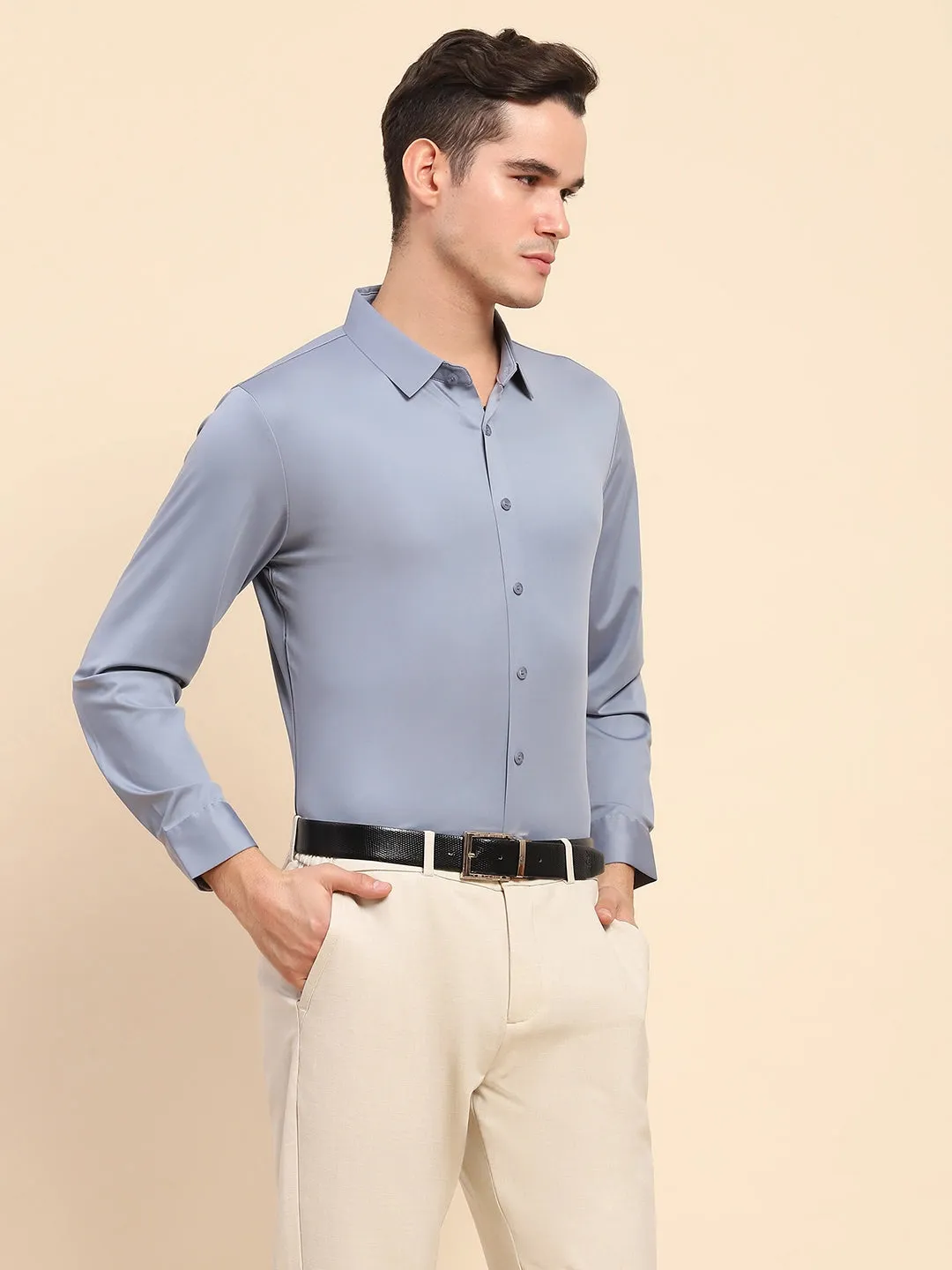 Blue Nylon Blend Solid Formal Shirt