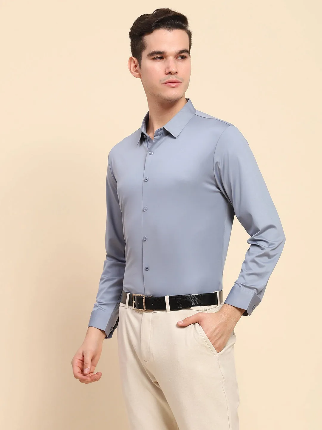 Blue Nylon Blend Solid Formal Shirt