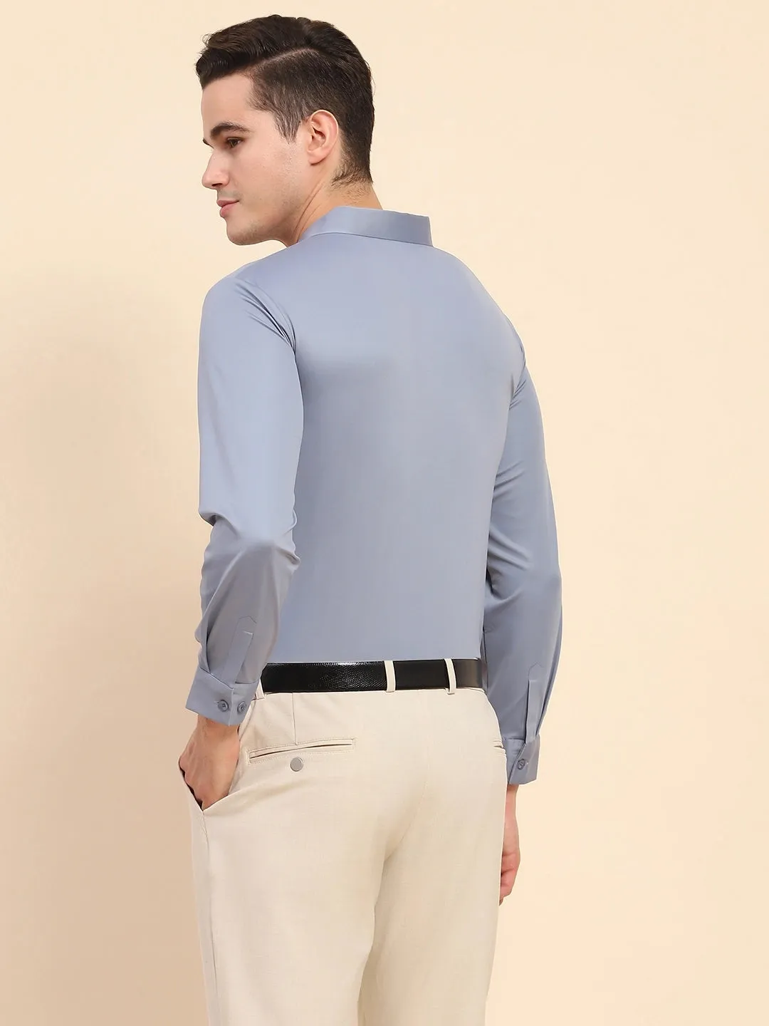 Blue Nylon Blend Solid Formal Shirt