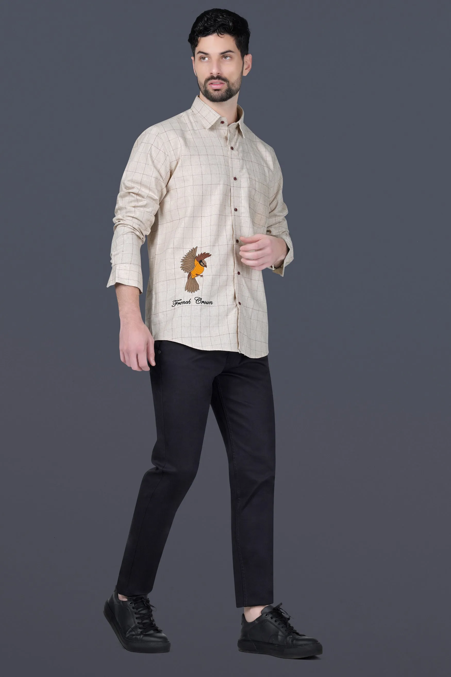 Bonjour Cream Windowpane and Sparrow Embroidered Luxurious Linen Designer Shirt