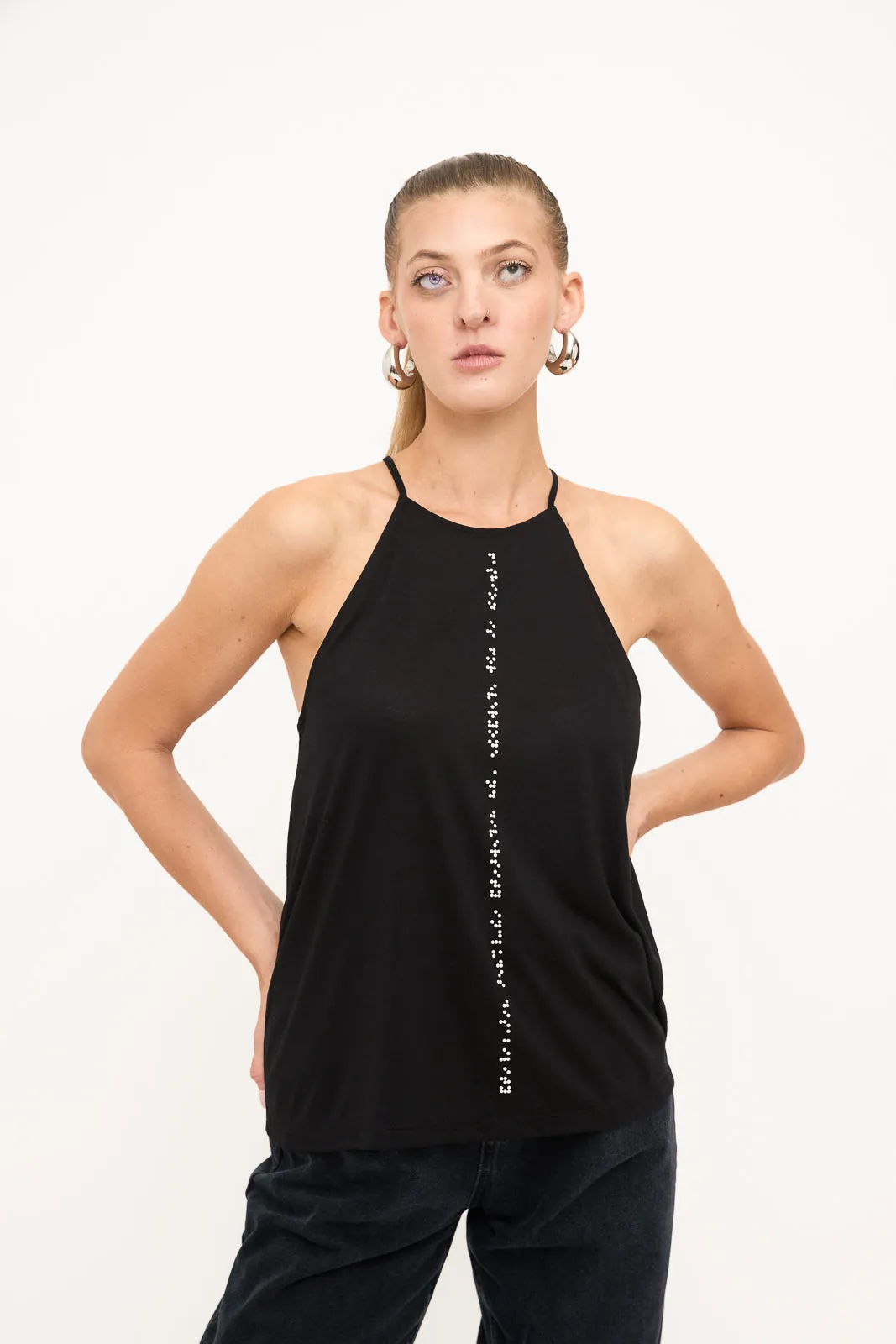 Braille High Neck Tank Top: Black