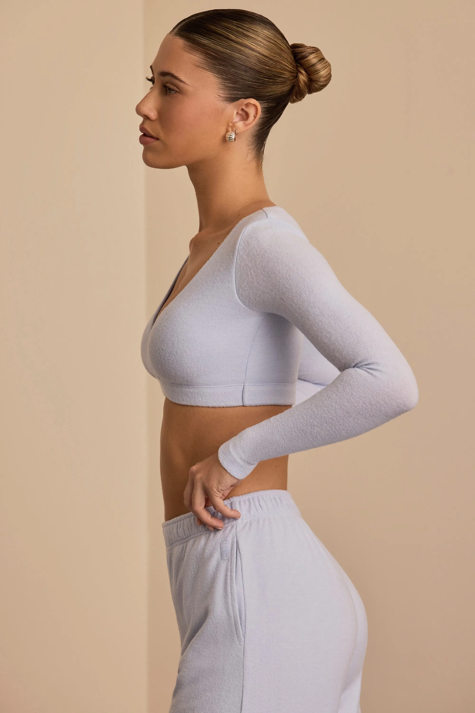 Brushed Jersey Wrap Crop Top in Soft Blue