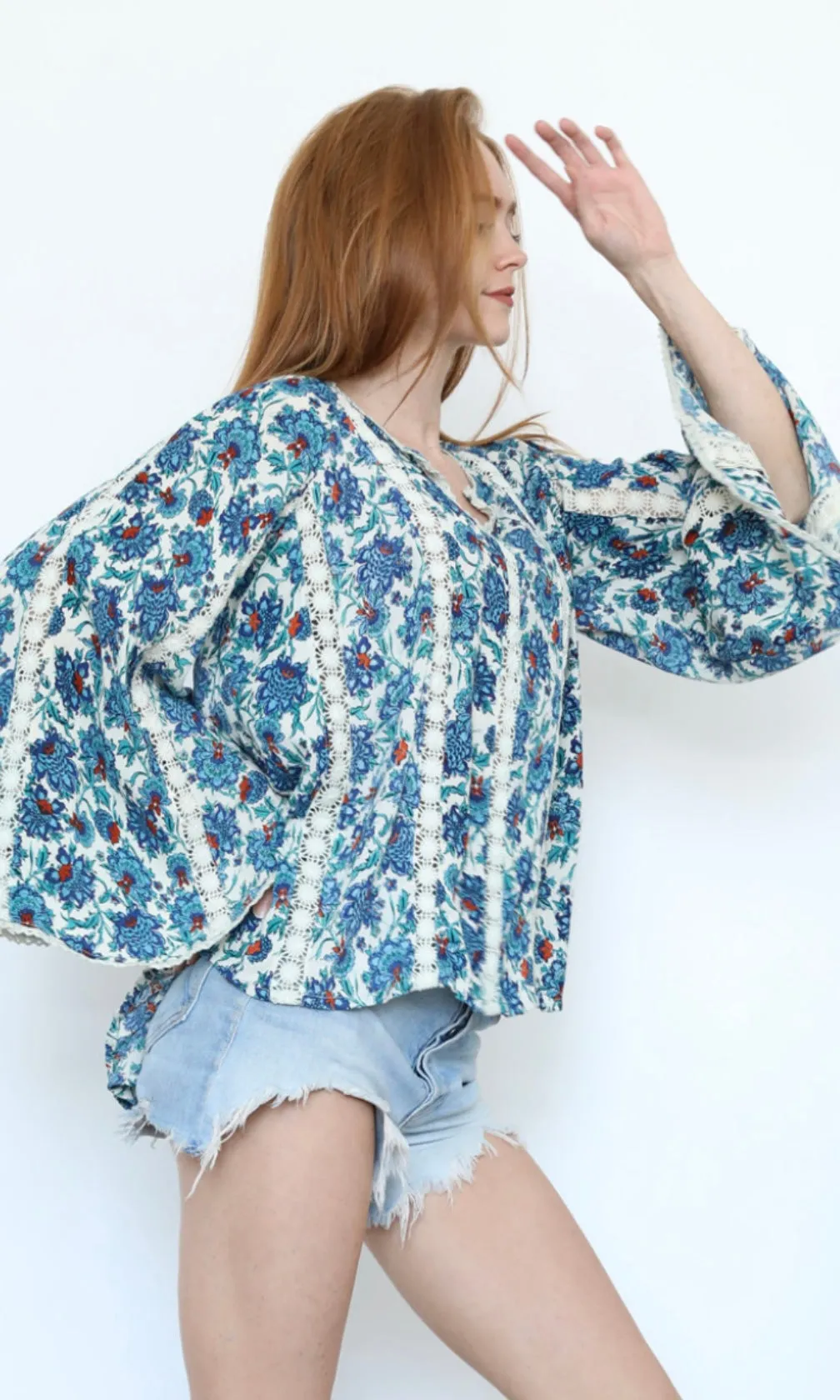 Cypress Blue V Neck Lace Insets Flare Bell Sleeve Blouse