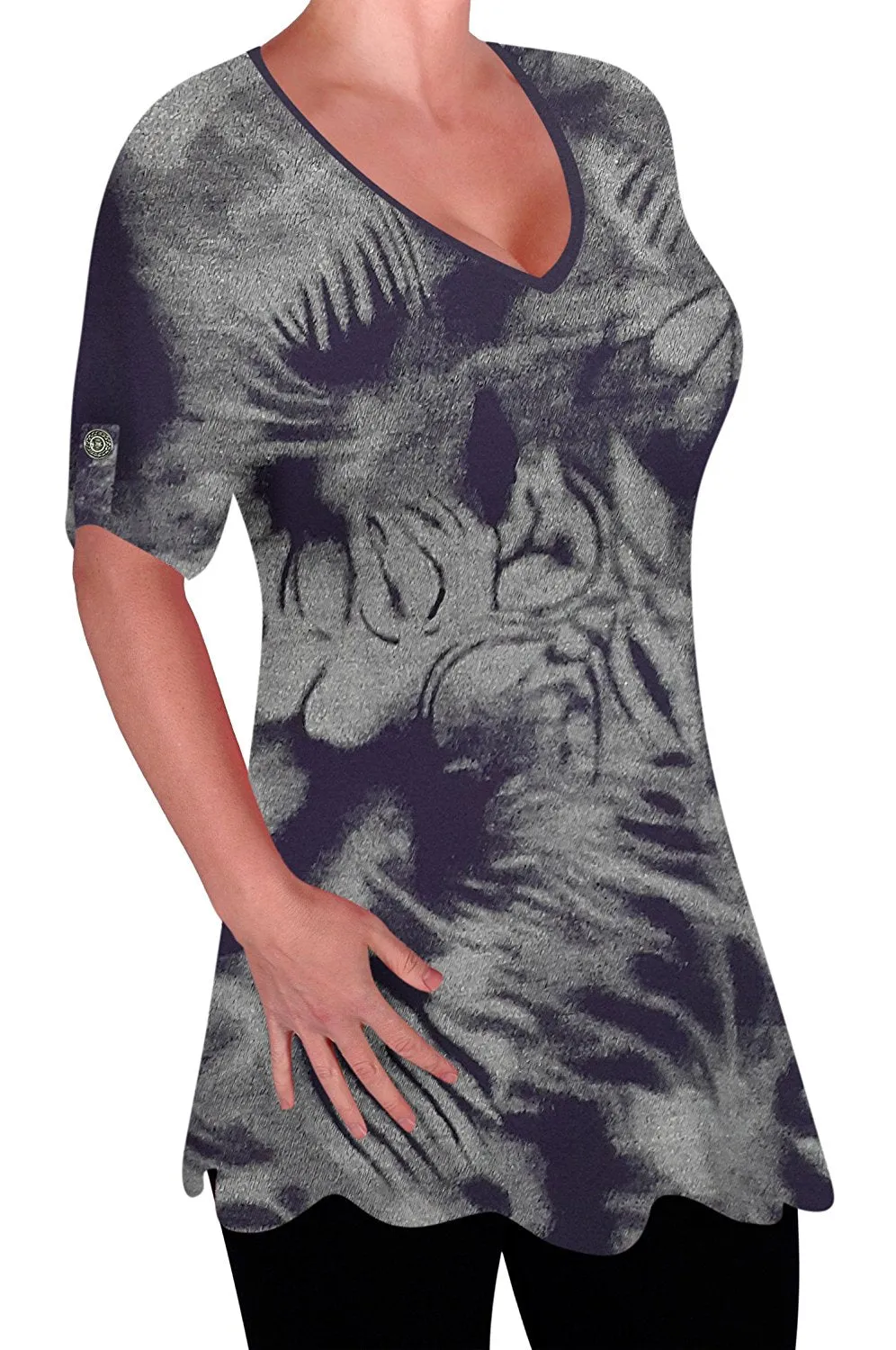 Denver Womens Print V Neck Blouse Tunic Ladies Swing Flared T-Shirt Top