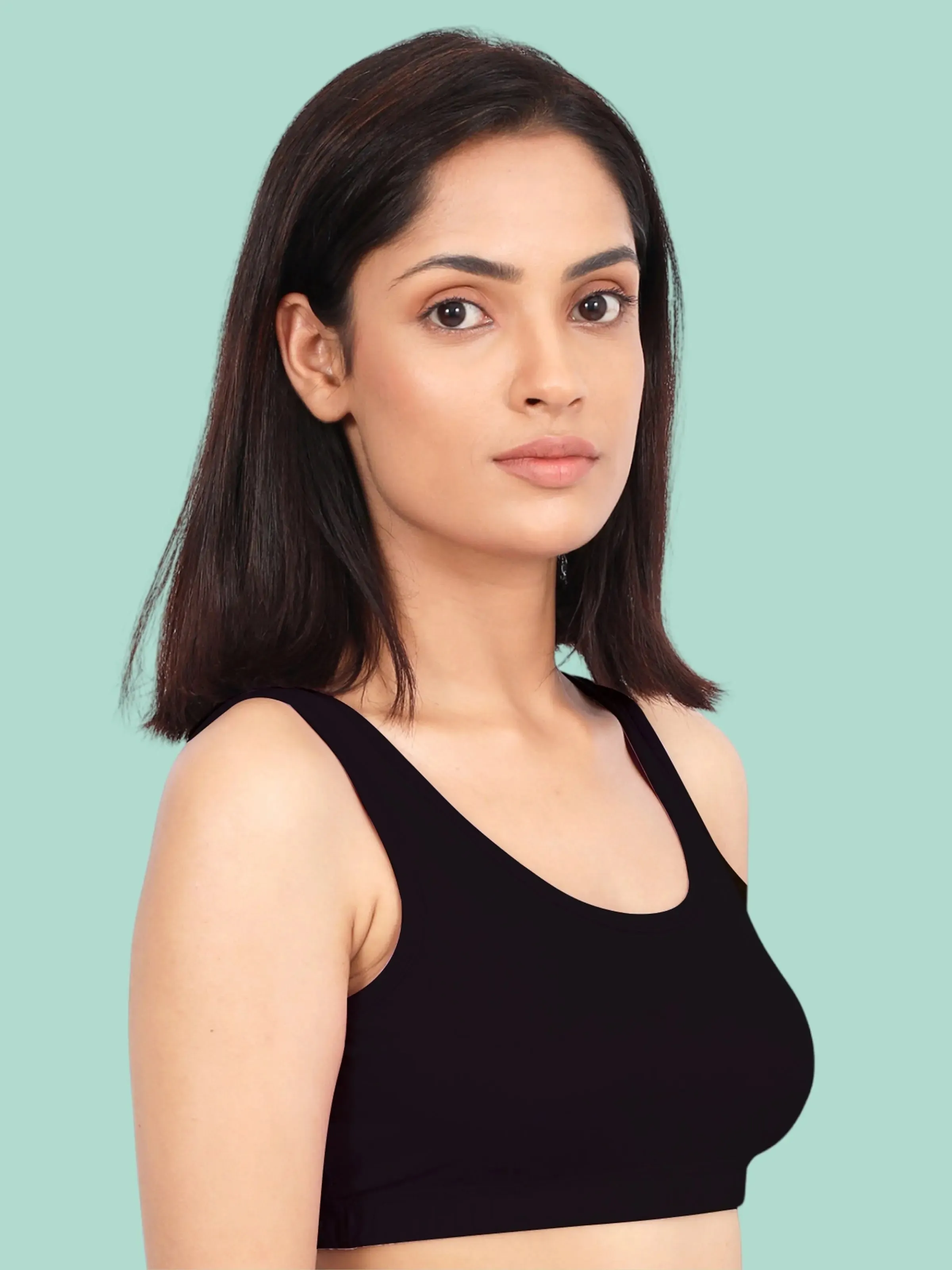 Double-Layer Broad Strap Cotton Yoga Bra | Non-Padded Solid Black Bra