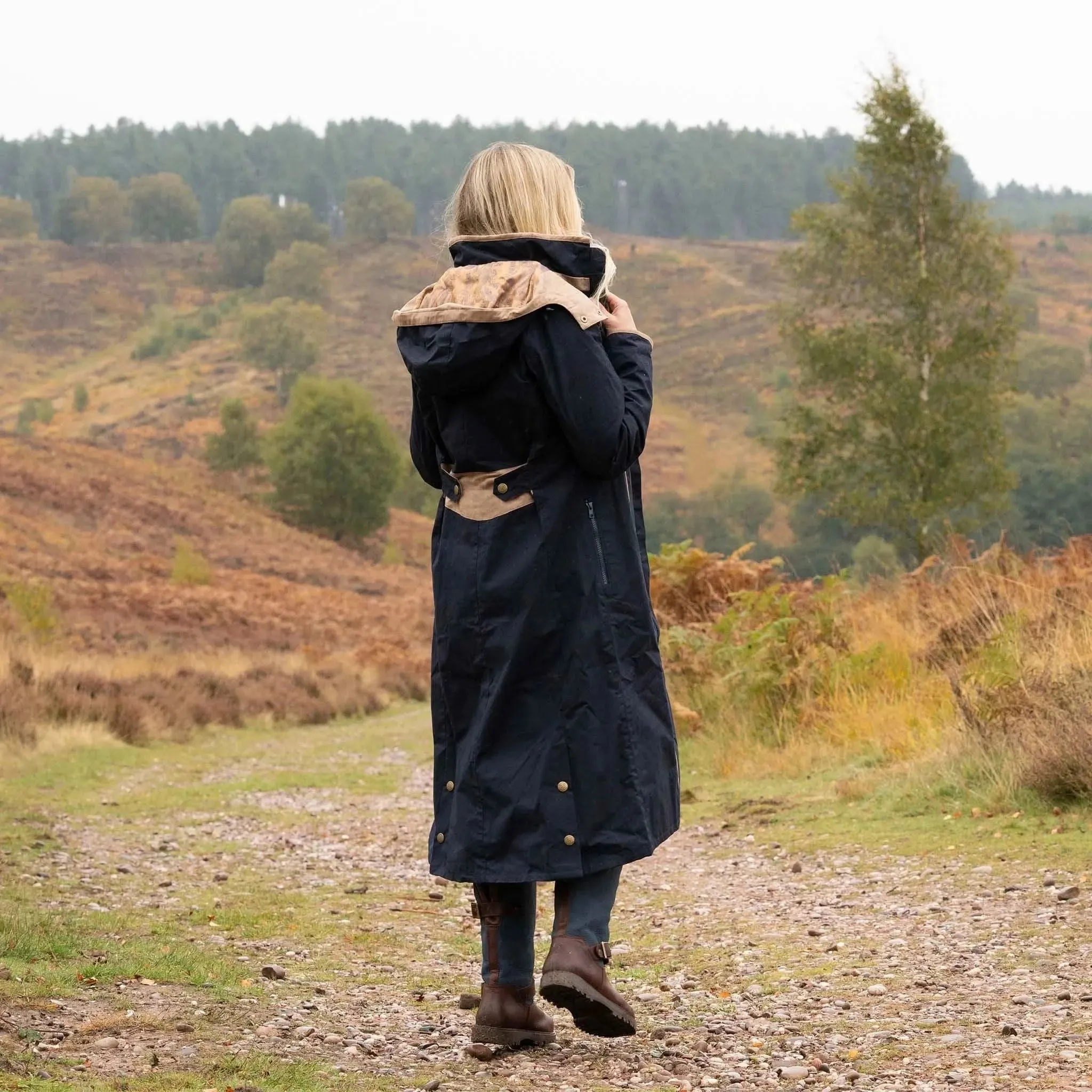 Eleanor Navy/Tan Long Waterproof Coat