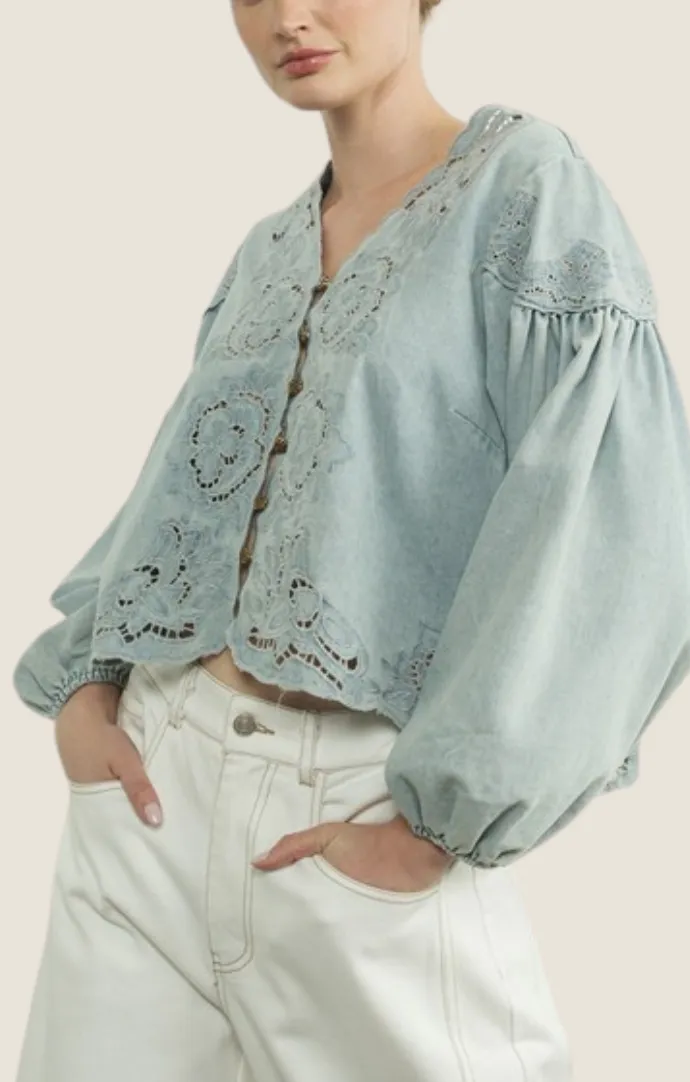 Emerson Light Denim Embroidered Top