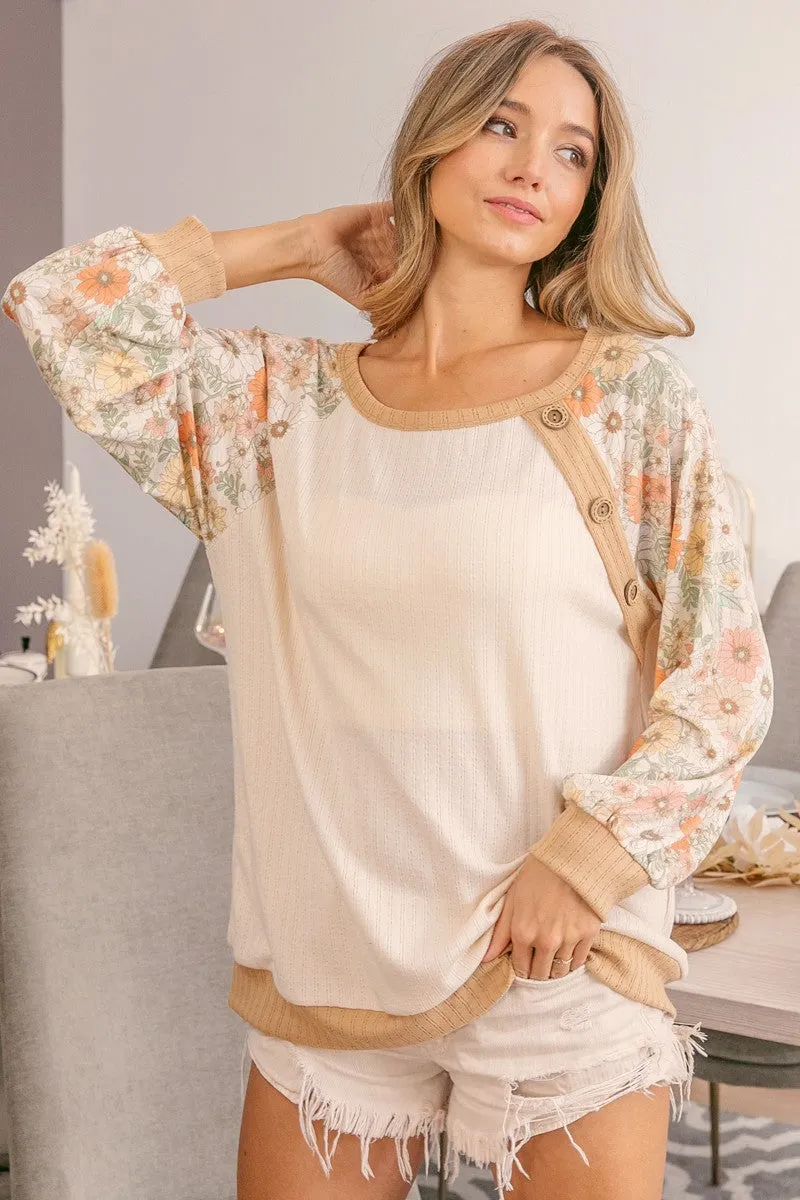 Floral Contrast Sleeves Button Down Detail