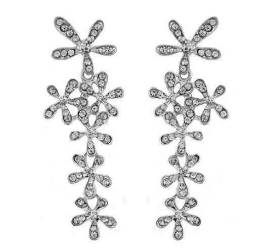 Flower Crystal Drop Chandelier Earrings in Yellow or White Gold