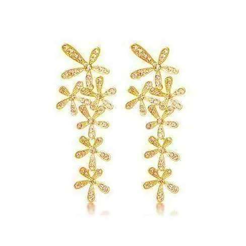 Flower Crystal Drop Chandelier Earrings in Yellow or White Gold