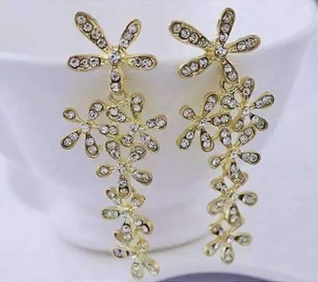 Flower Crystal Drop Chandelier Earrings in Yellow or White Gold