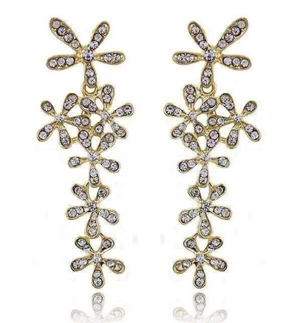 Flower Crystal Drop Chandelier Earrings in Yellow or White Gold