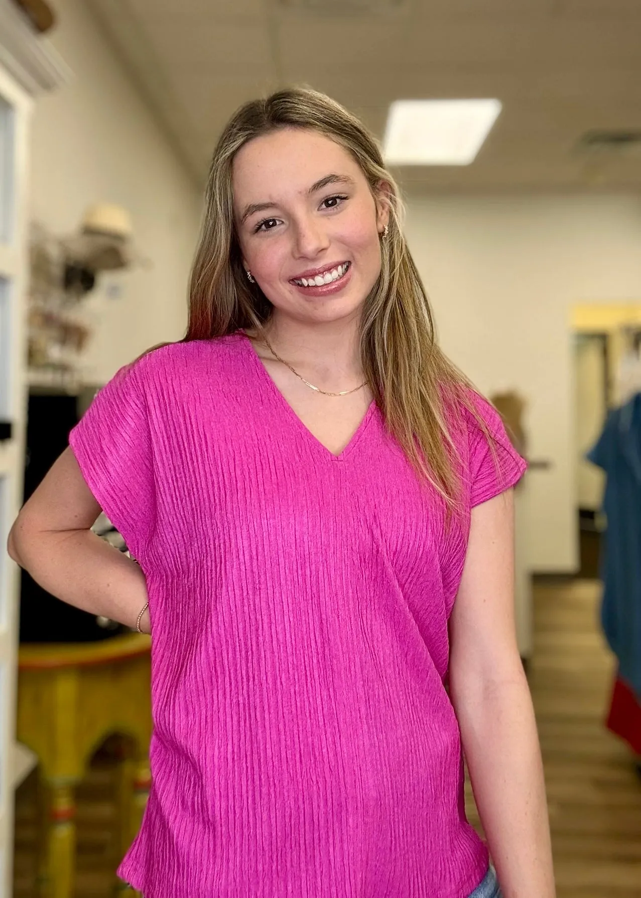 Fuchsia V Neck Top