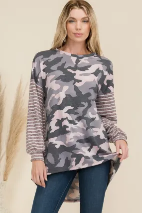 Full Size Camo Print High-Low T-Shirt with Stripe Sleeves