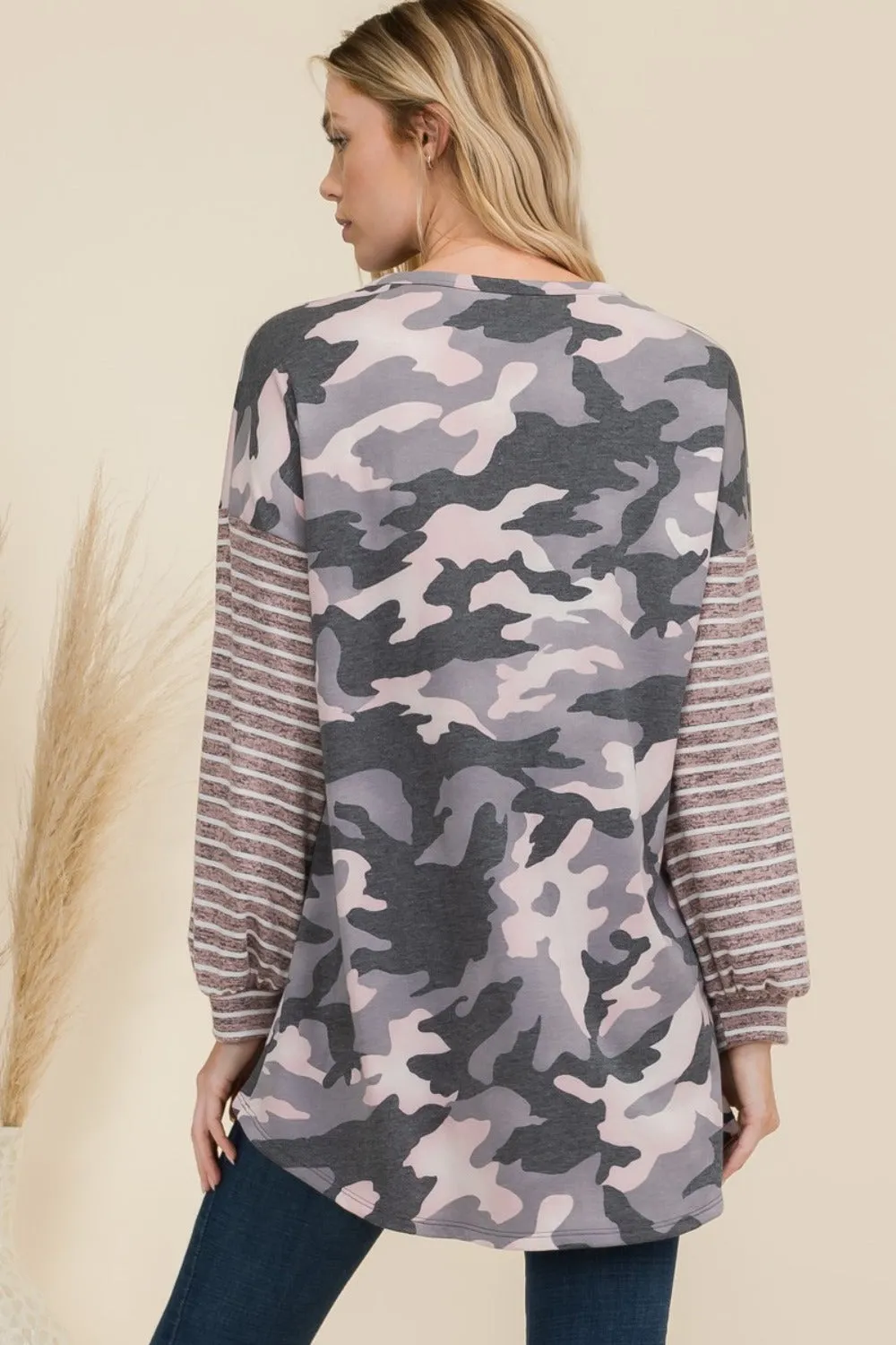 Full Size Camo Print High-Low T-Shirt with Stripe Sleeves