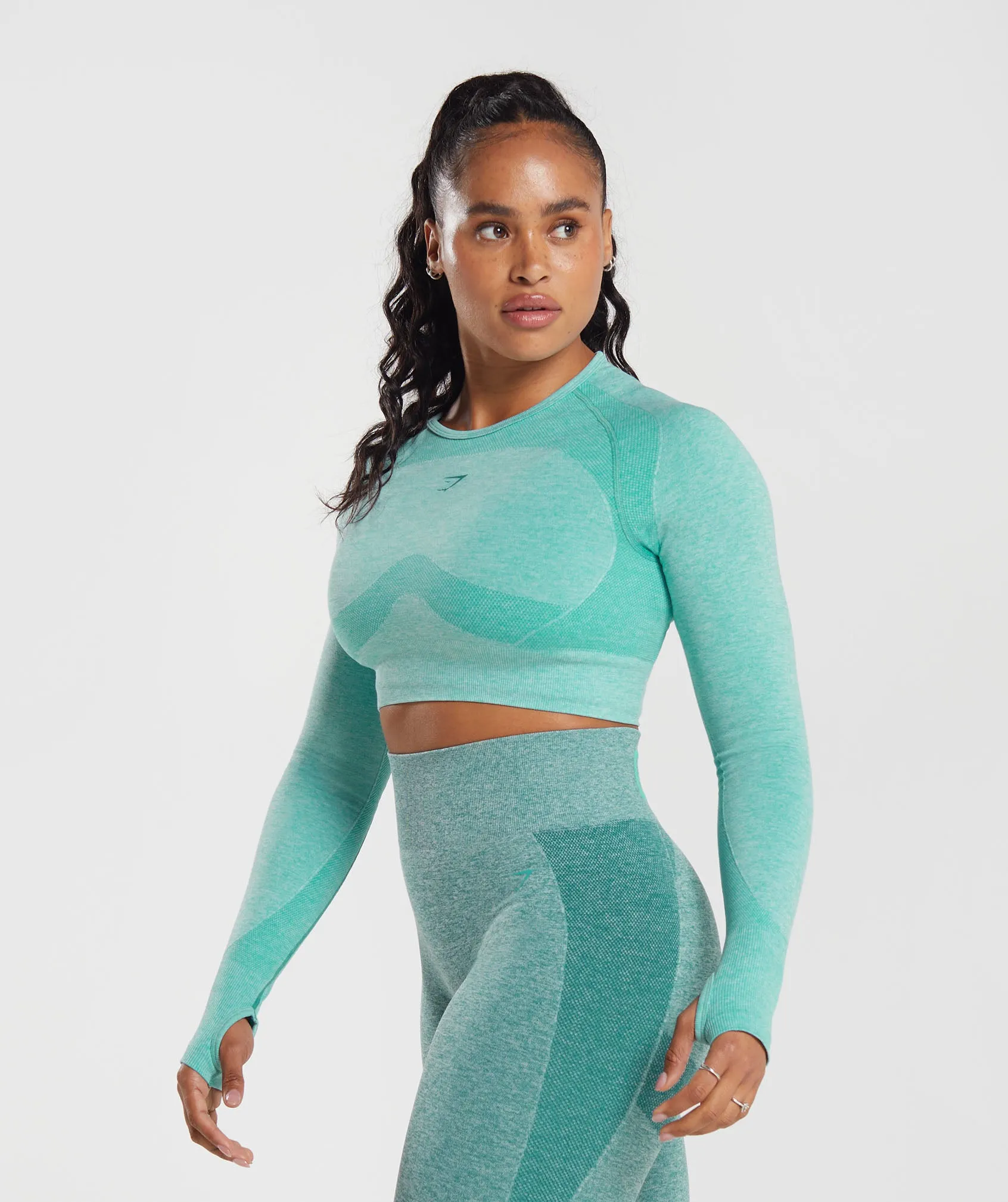 Gymshark Flex Long Sleeve Crop Top - Cornflower Blue/White Marl/Jewel Green