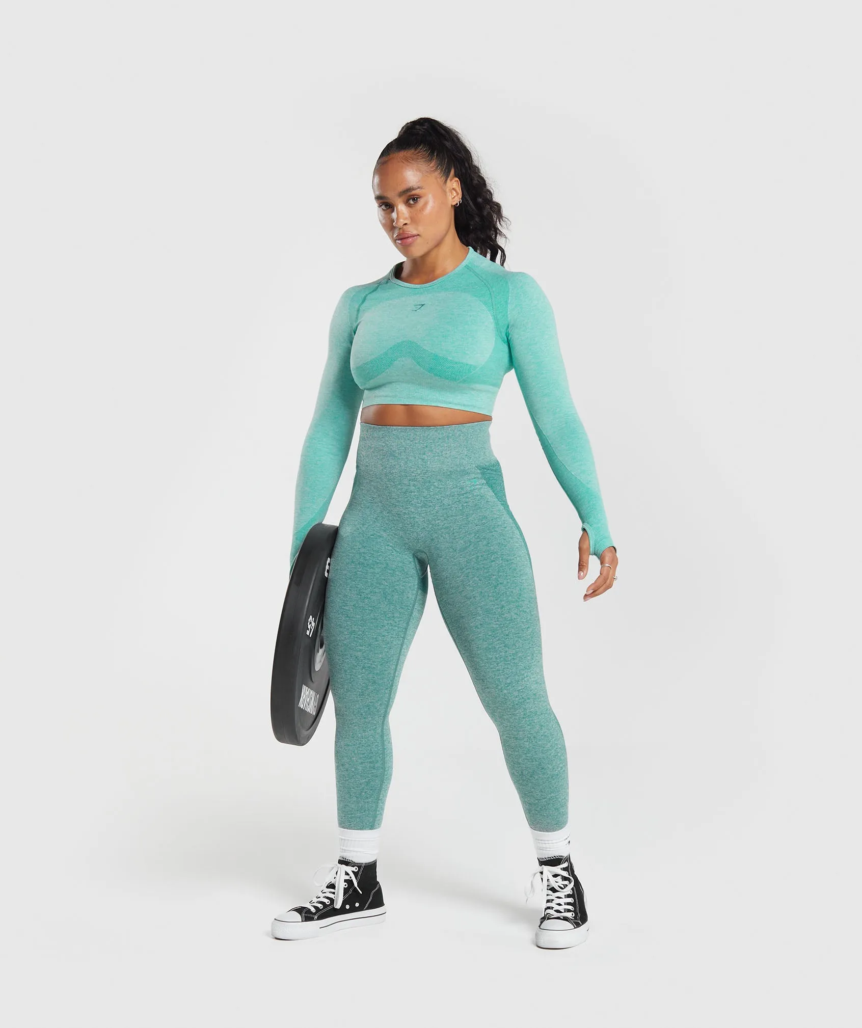 Gymshark Flex Long Sleeve Crop Top - Cornflower Blue/White Marl/Jewel Green