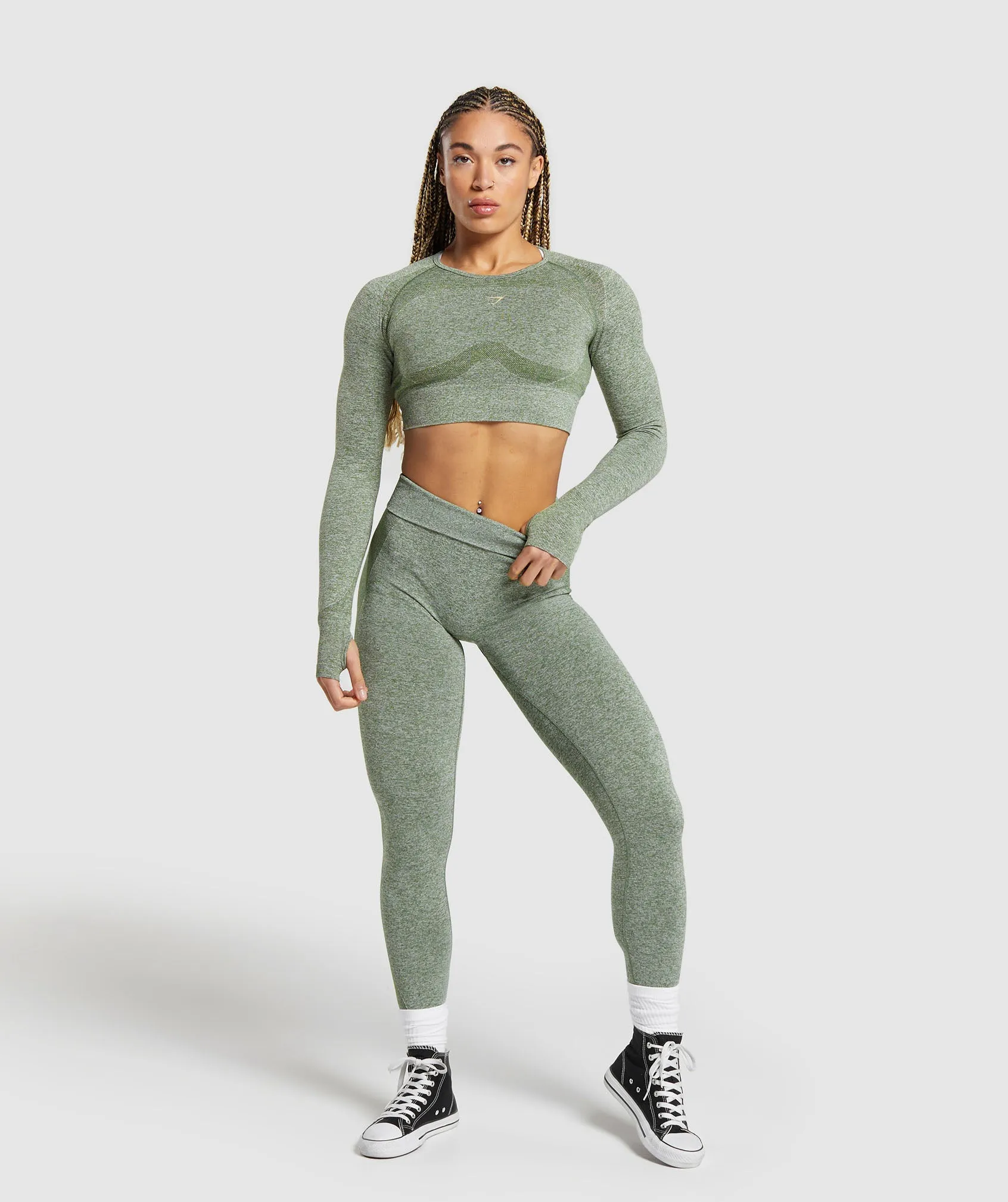 Gymshark Flex Long Sleeve Crop Top - Force Green/Vanilla Beige