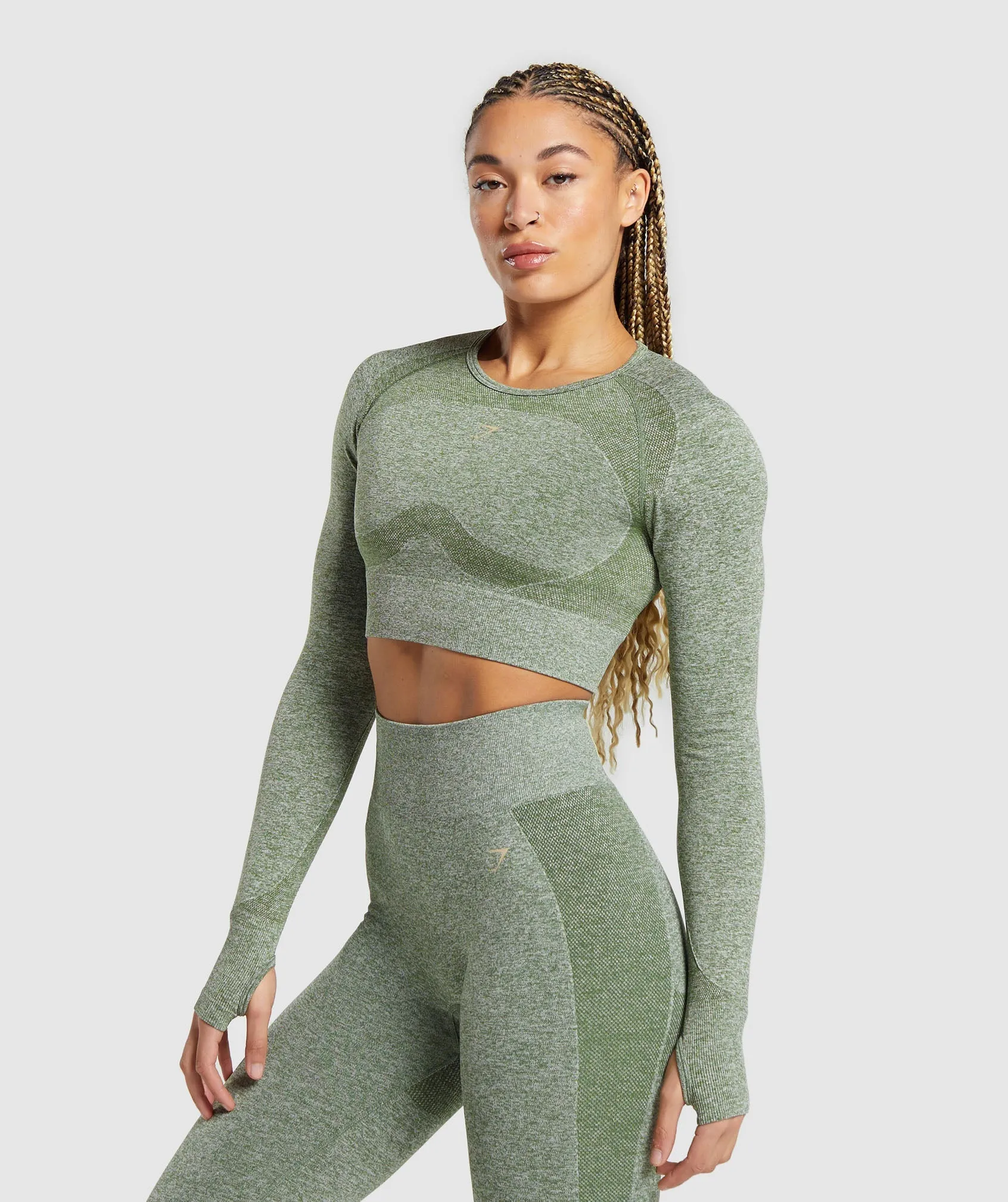 Gymshark Flex Long Sleeve Crop Top - Force Green/Vanilla Beige