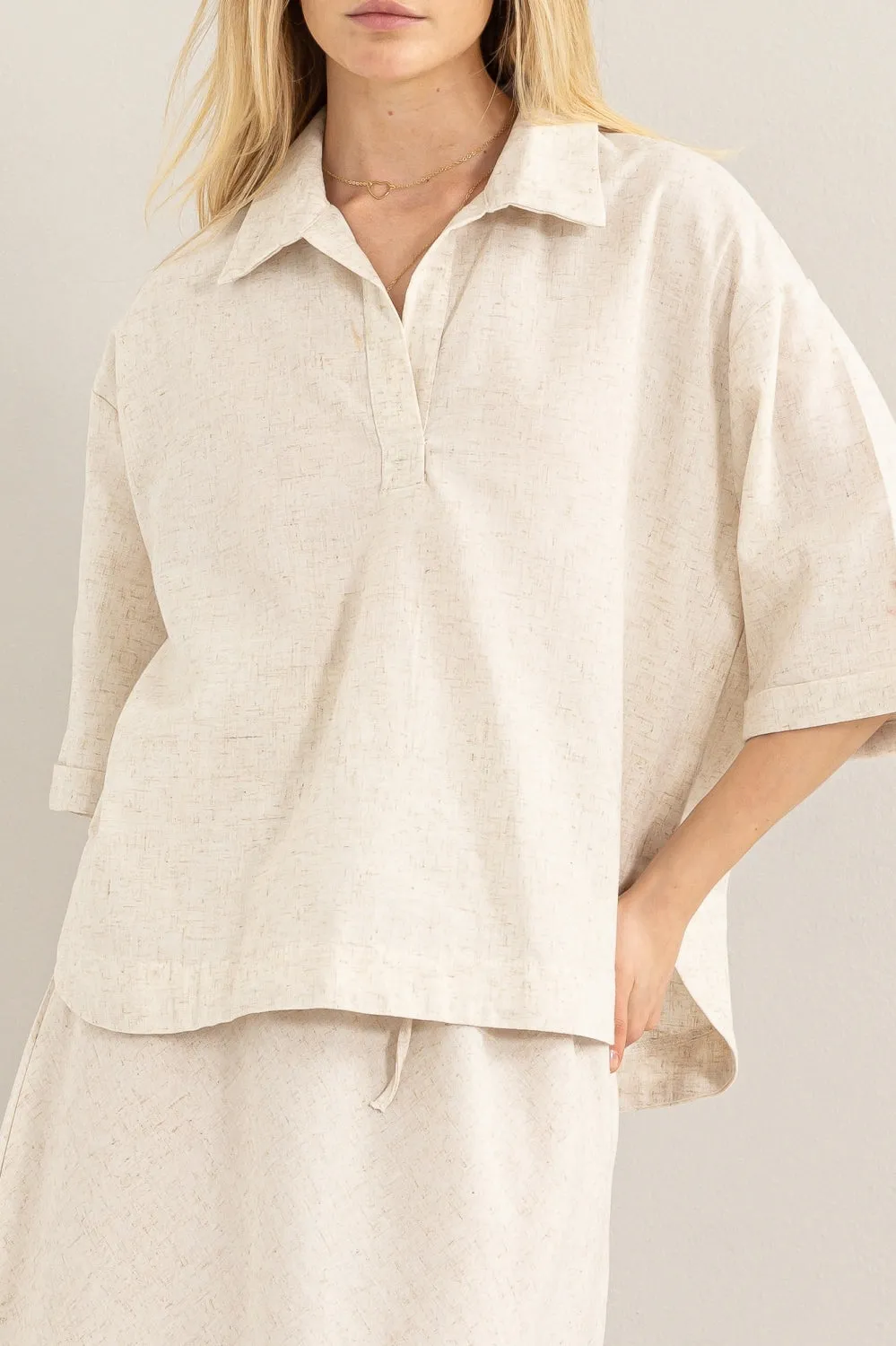 HF24E210-Linen Blend 3 4 Placket Top