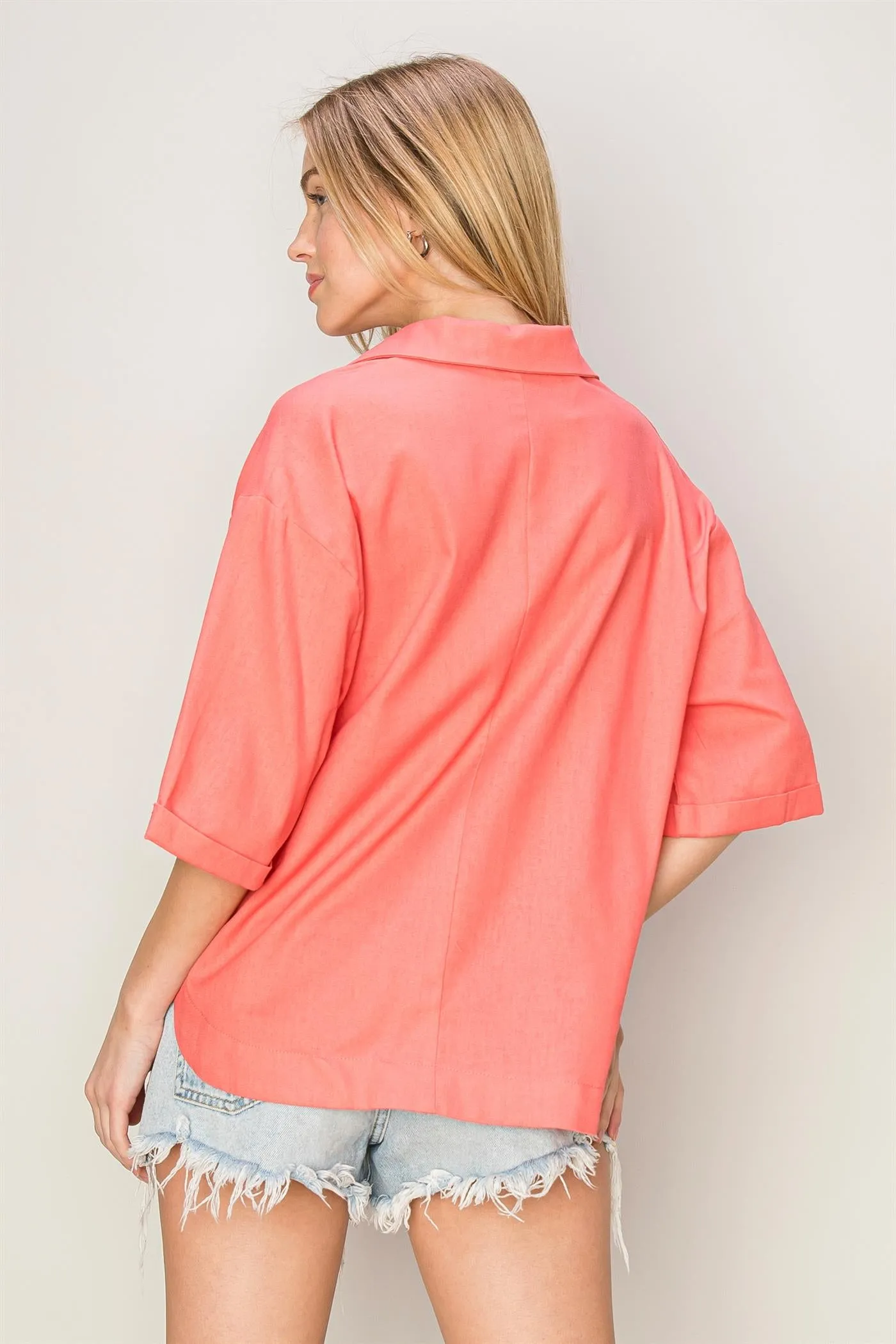 HF24E210-Linen Blend 3 4 Placket Top