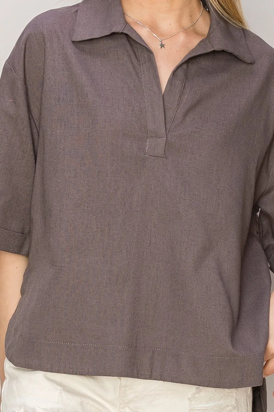 HF24E210-Linen Blend 3 4 Placket Top