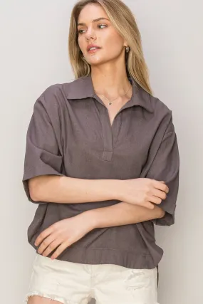 HF24E210-Linen Blend 3 4 Placket Top