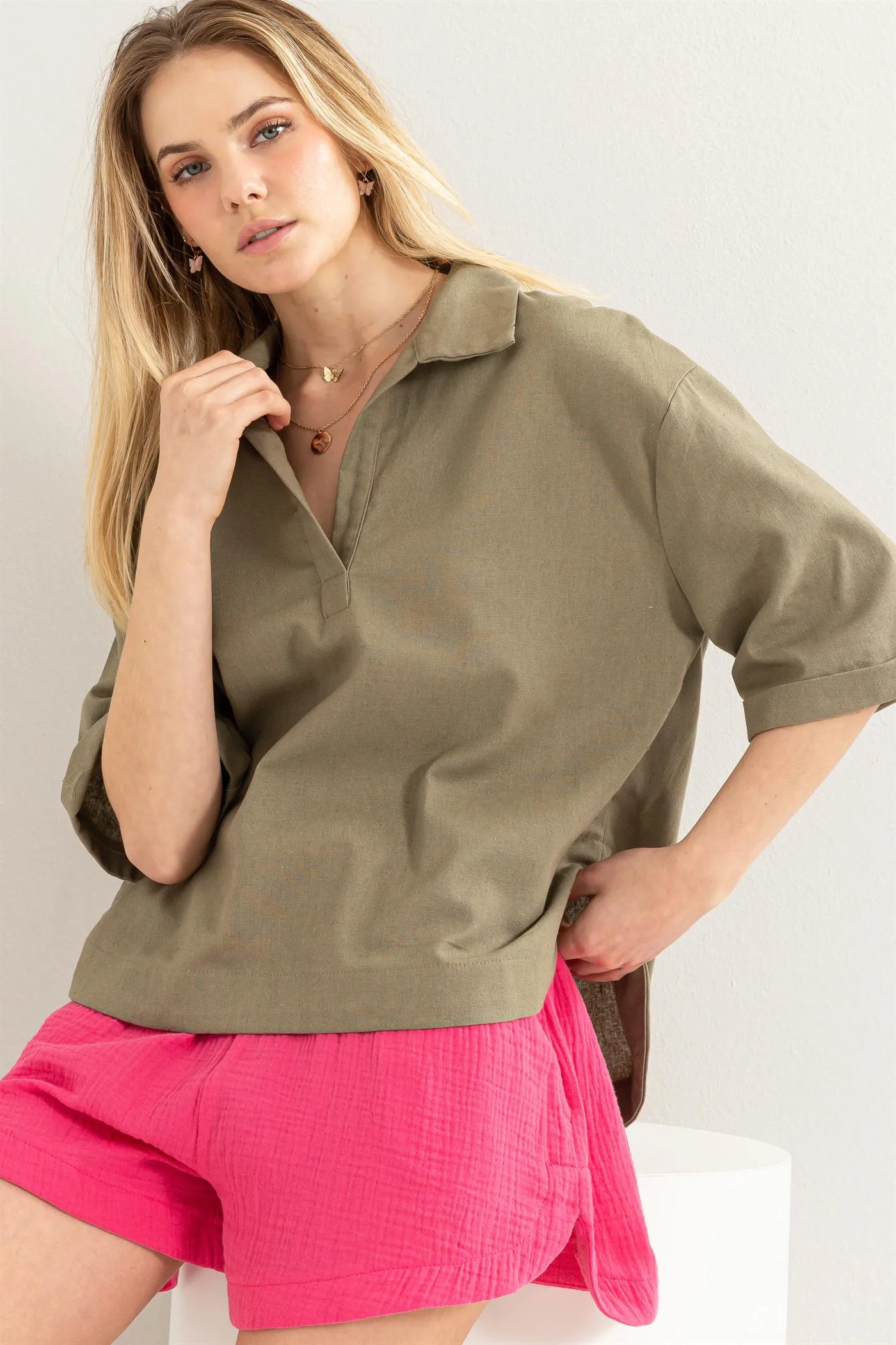 HF24E210-Linen Blend 3 4 Placket Top