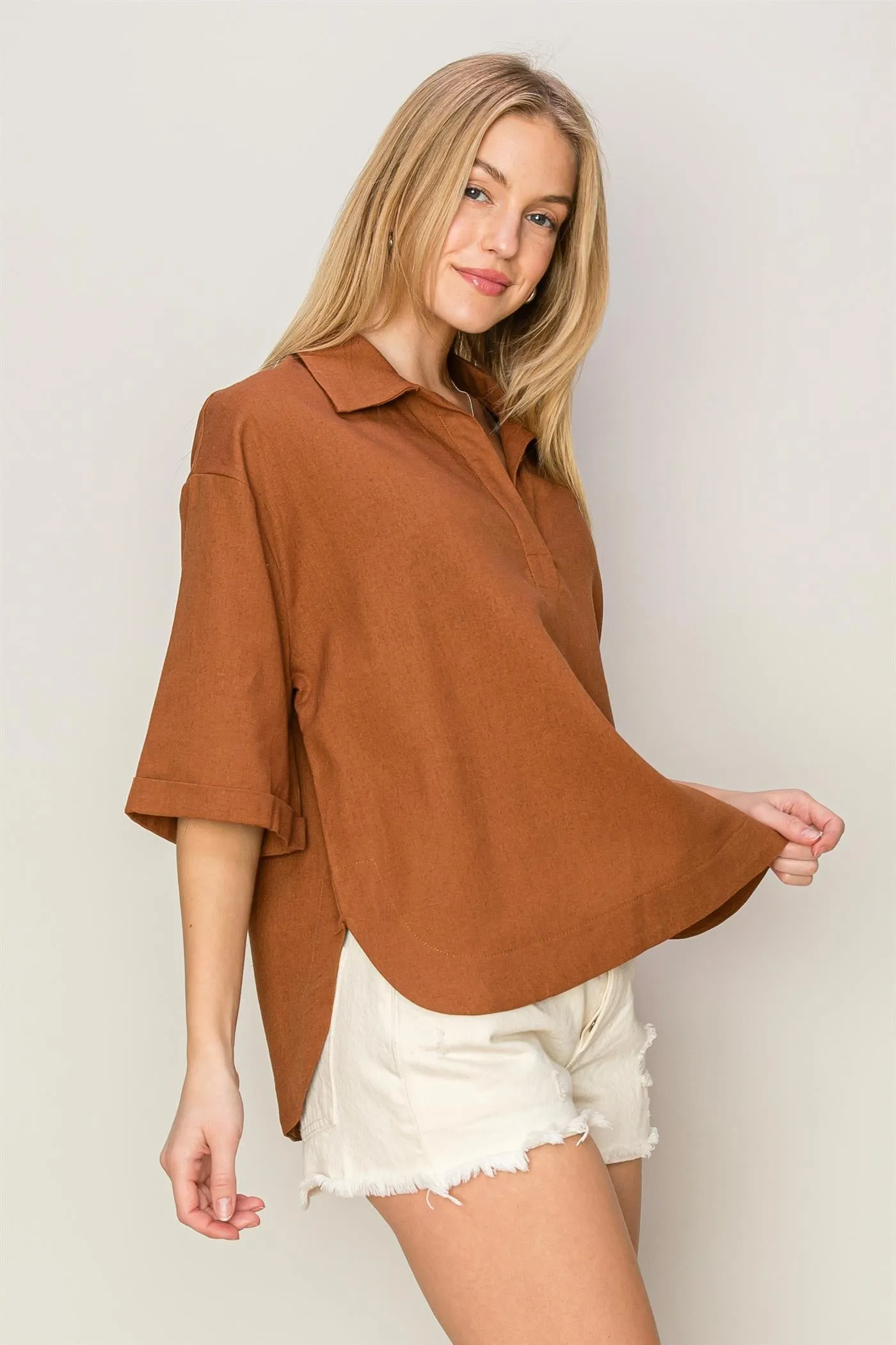 HF24E210-Linen Blend 3 4 Placket Top