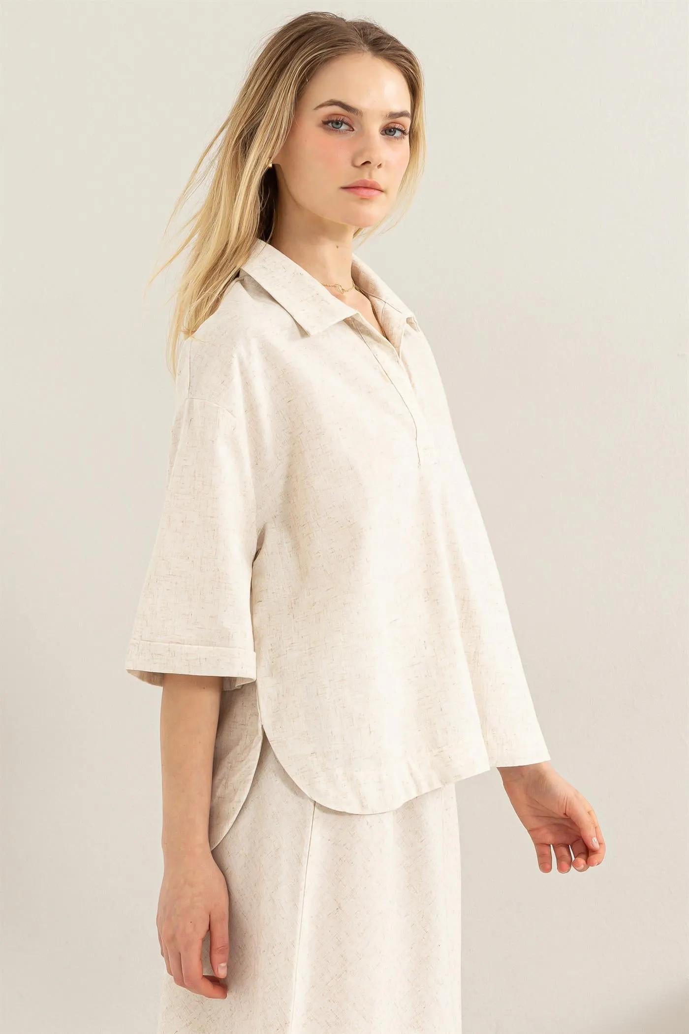 HF24E210-Linen Blend 3 4 Placket Top