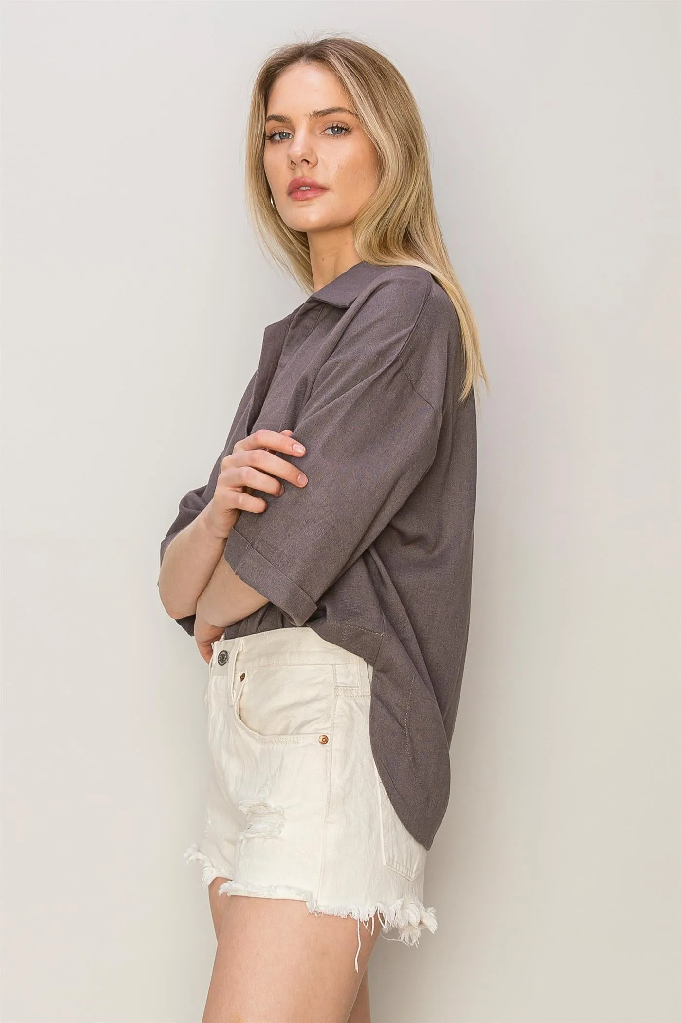 HF24E210-Linen Blend 3 4 Placket Top