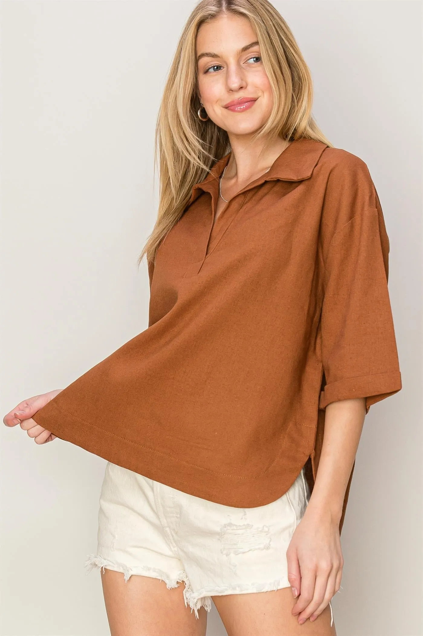 HF24E210-Linen Blend 3 4 Placket Top