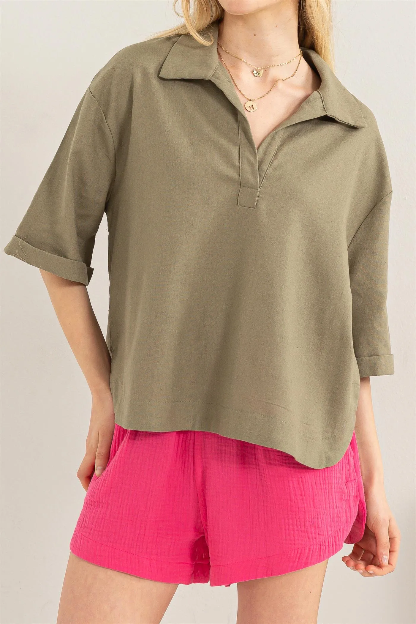 HF24E210-Linen Blend 3 4 Placket Top