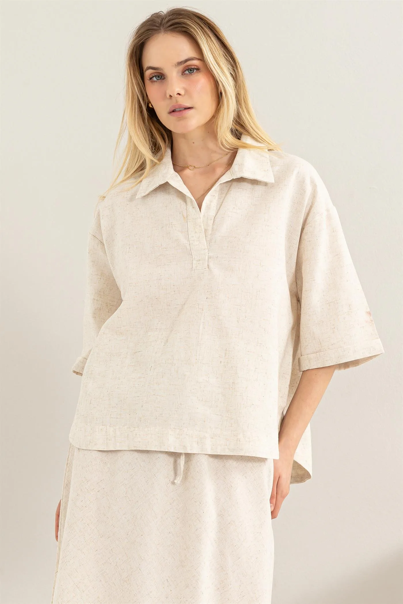 HF24E210-Linen Blend 3 4 Placket Top