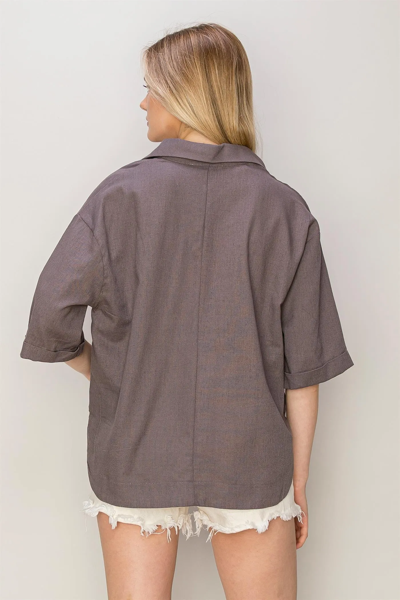 HF24E210-Linen Blend 3 4 Placket Top