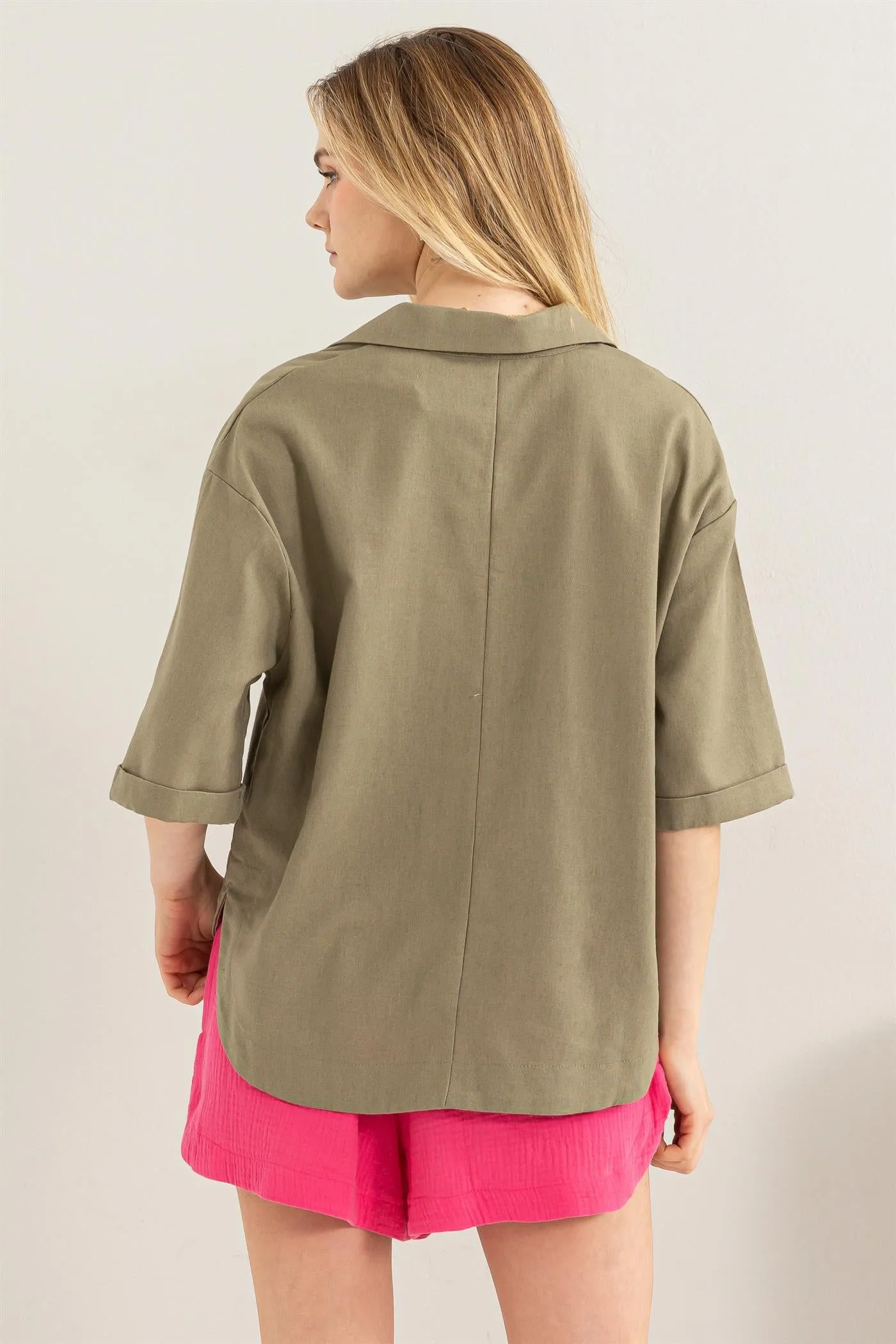 HF24E210-Linen Blend 3 4 Placket Top