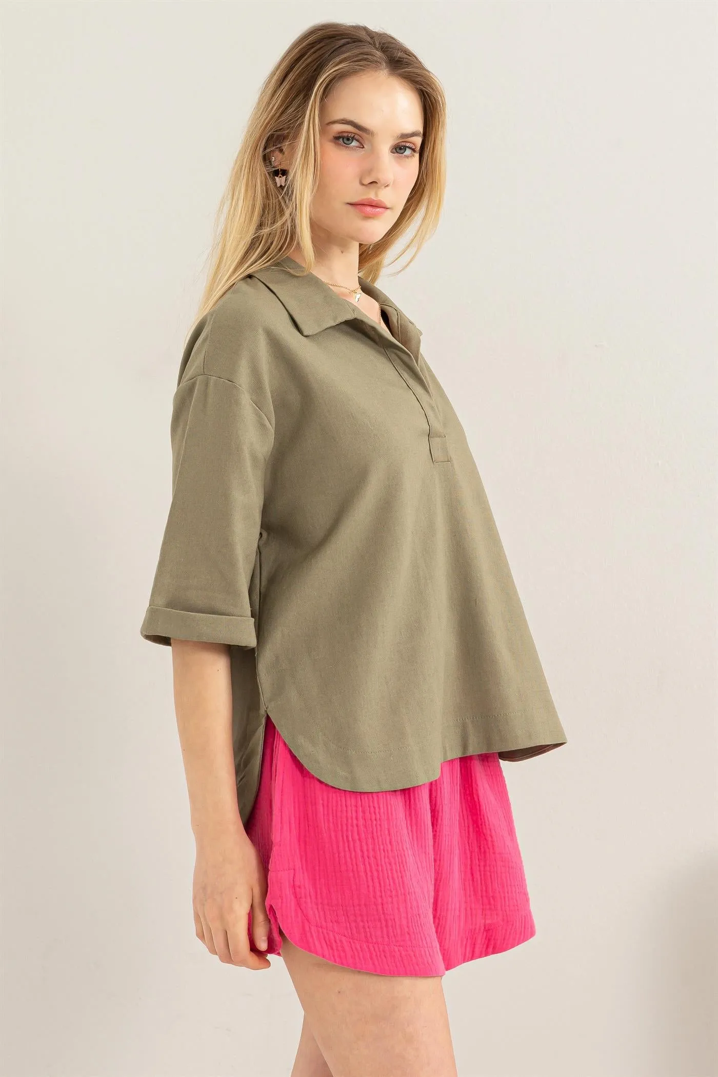 HF24E210-Linen Blend 3 4 Placket Top